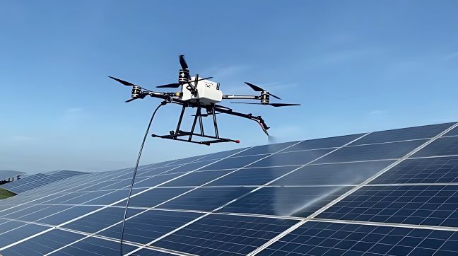 Drone cleaning solar panels on a rooftop in New York City